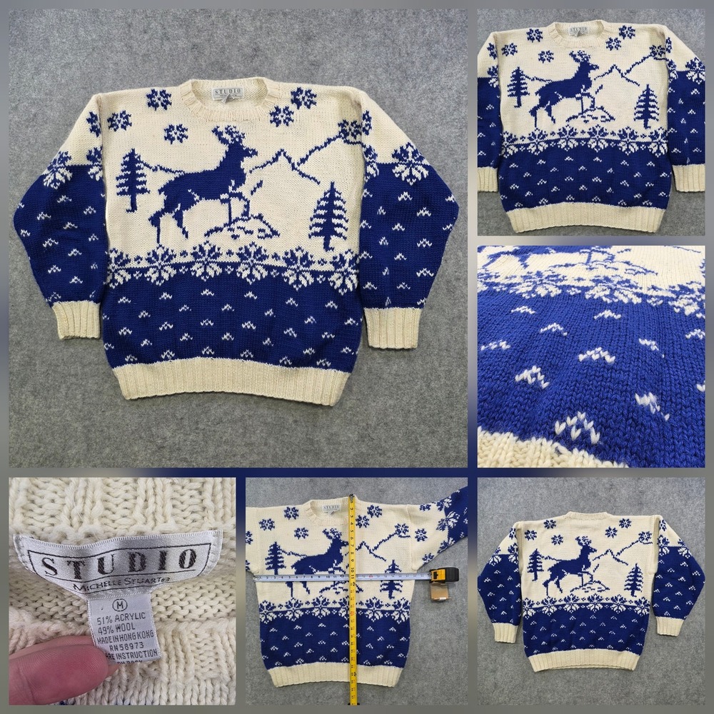 Vintage Studio Michelle Stuart Sweater Womens Medium Blue Deer Ugly Christmas